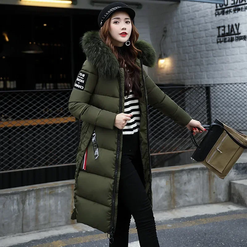 2025 Women's Down Parkas Winter Jacket Big Fur Collar Thick Slim Coat Fashion Hooded Cotton Outerwear Long Autumn Woman Jacket