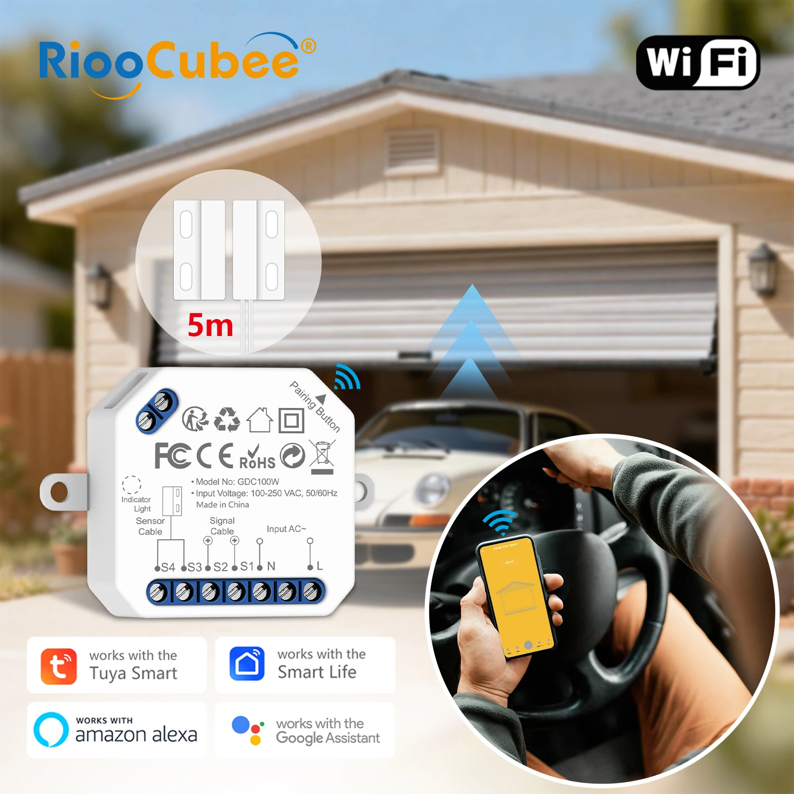 RiooCubee Tuya Smart Life - Controlador de Puerta de Garaje con Brazo Articulado, Sistema de Protección y Seguridad, Control por Voz a través de Google Home