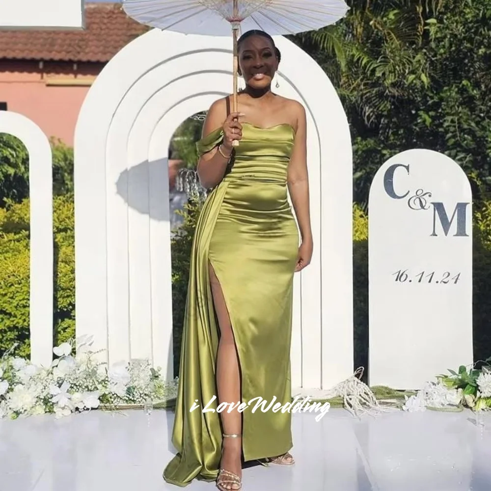 

Green One Shoulder Bridesmaid Dress 2025 Satin Mermaid Pleat Side Split Ankle-Length Sweep Train Wedding Party Dress Customized