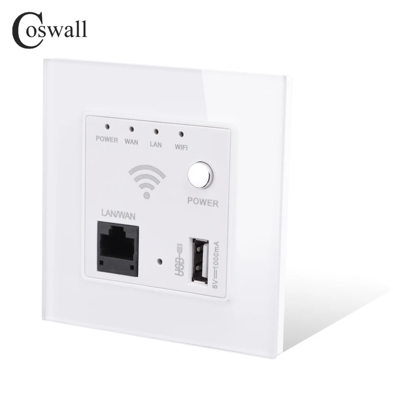 COSWALL C1 Series Glass Panel White 86*86mm 300M Wireless AP Router USB Charging Port 5V 1000mA Output Wall WIFI Routeur Socket