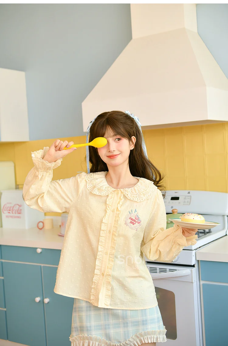 2025 Spring and Autumn New Sweet Girl Style Energetic Doll Collar Casual Shirt Blue Plaid Skirt Yellow Knitted Cardigan