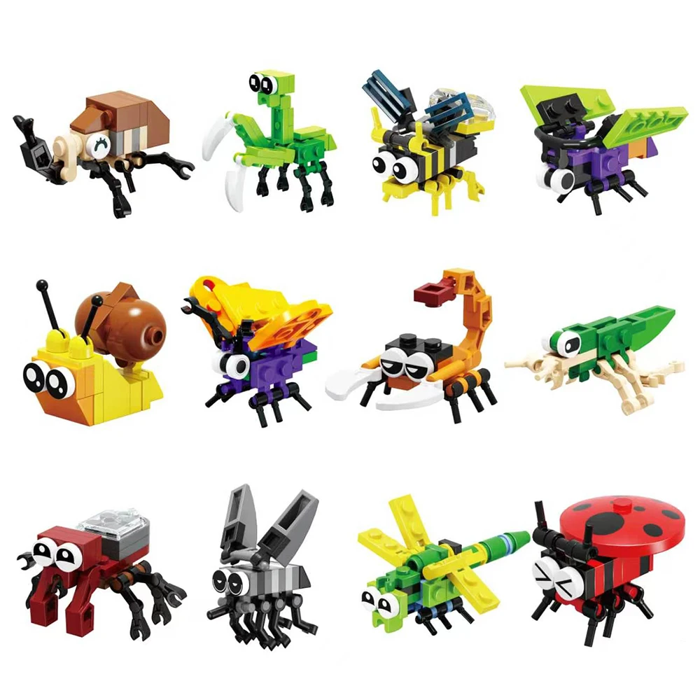 12pcs/set Insect Kingdom Building Blocks Mini Animal Figure Creative Butterfly Bee STEM Learning Educational Play Toys for Kids