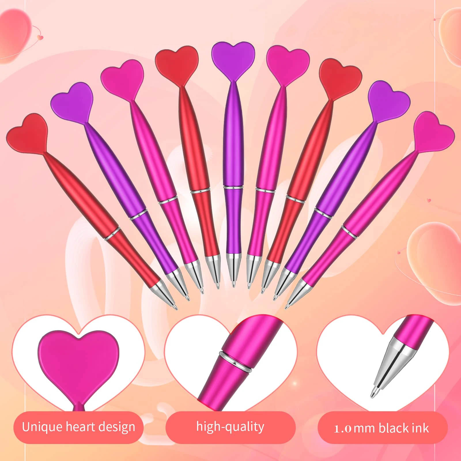 24Pcs Valentine's Day Heart Shape Pens Black Gel Ink Rollerball Pens for Office School Supplies Gift Kids Ballpoint Pens