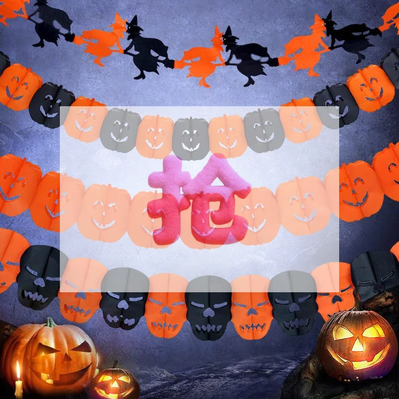Halloween Paper Banner Spider Pumpkin Ghost Bat Paper Chain Halloween Decoration Garland Banner Paper Pull Flower Party Supplie