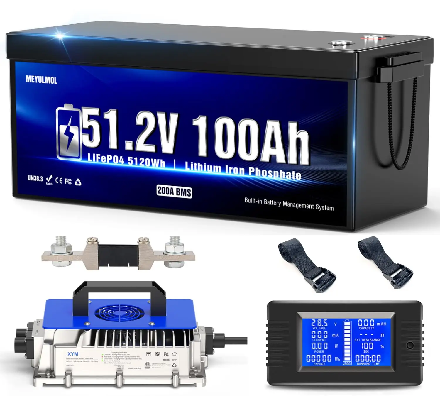 

48V 100Ah Lithium Battery Golf Cart Battery with 18A Lithium Charger, Upgraded 200A BMS System, LCD Monitor, 48V 100Ah, Custom
