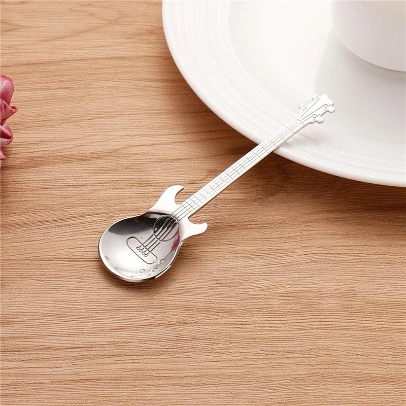 BVBV Cucharaditas de café para guitarra, 4 cucharas de café musicales de acero inoxidable, cucharaditas, cucharas para mezclar, cuchara de azúcar (plata)