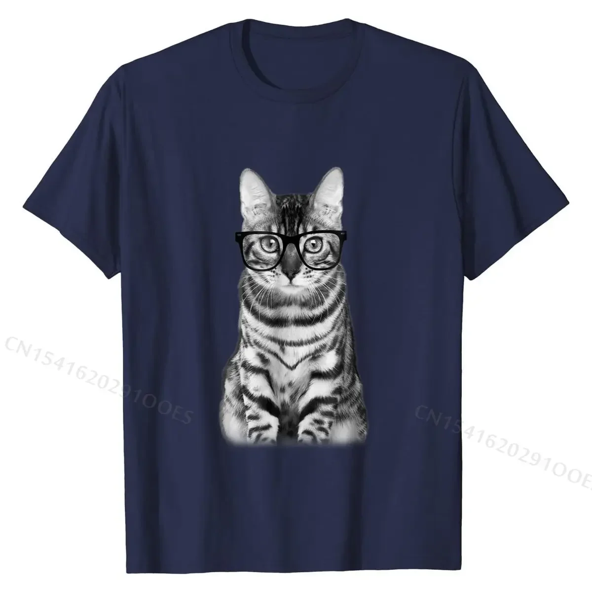 T-Shirt, Nerd Cat with Trendy Rectangular Eyeglass Top T-shirts Tops & Tees New  Cotton Custom Printed On Male