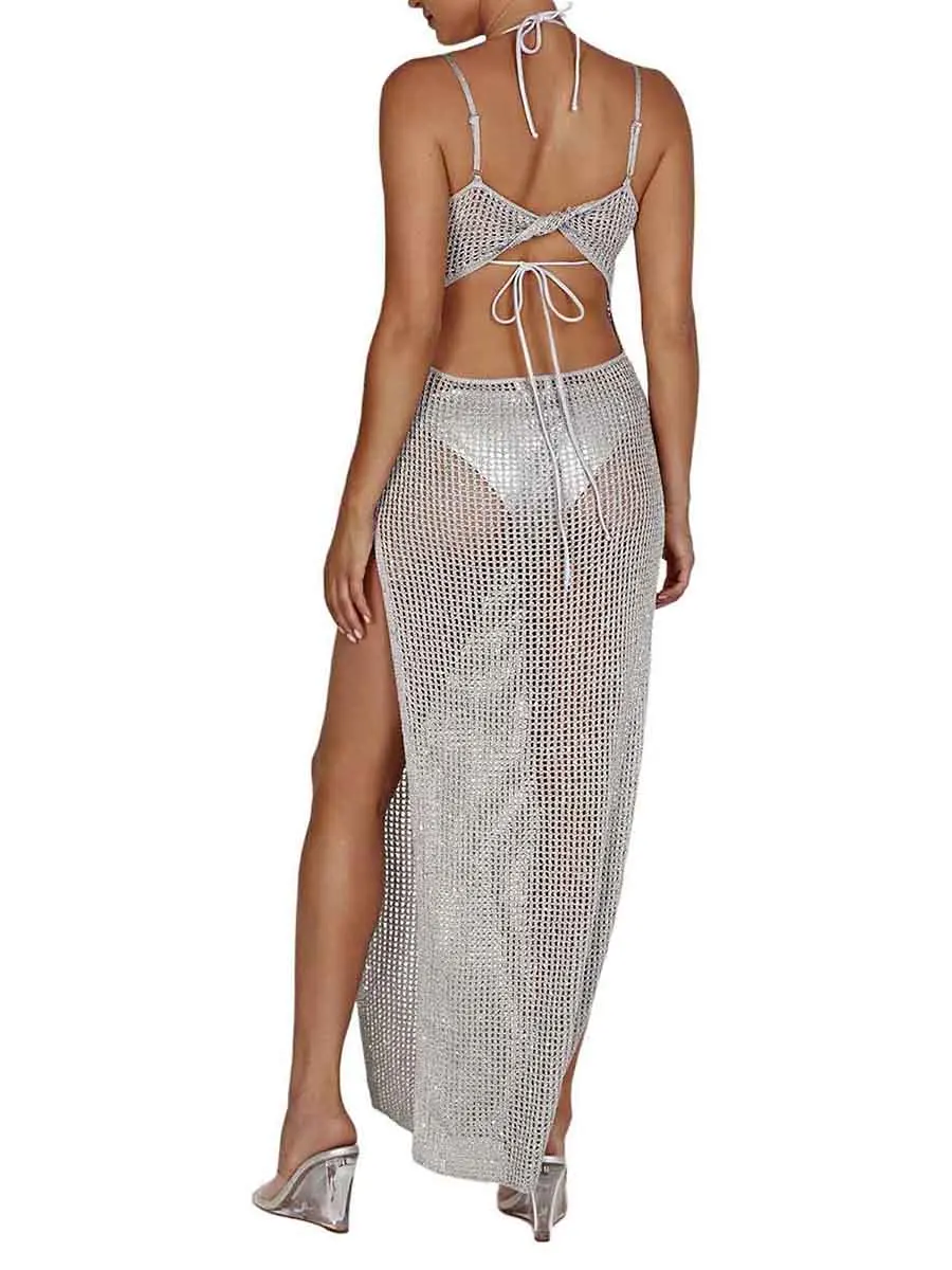 Fashion Women Bikini Cover Long Sleeve Dress with See Through Pearl Decoration Mesh Skinny Pool Party Dresses