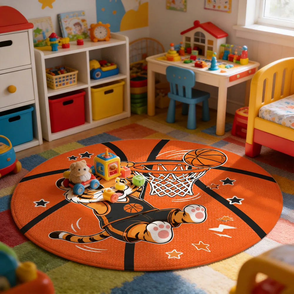 Cute Tiger Mascot Basketball Hoop Game Play Area Round Floor Mat for Kids Nursery Playroom Decor