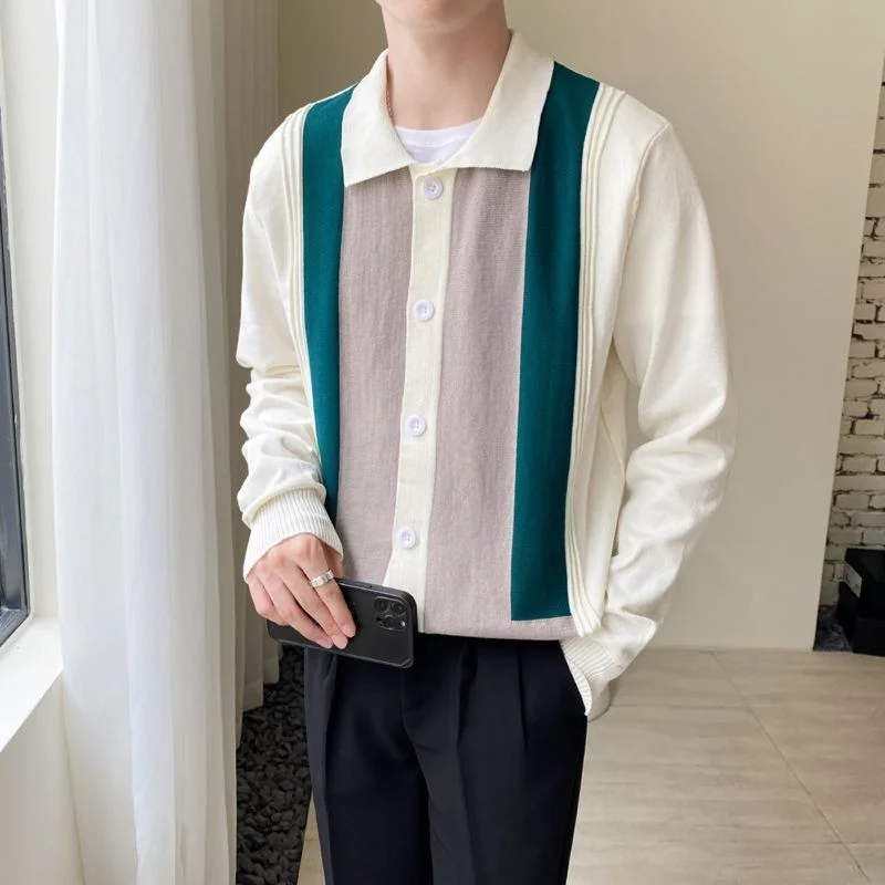 Casual Men's Long Sleeve Knitted Cardigan Jacket Korean Style Shirt Collar Patch Sweater Top