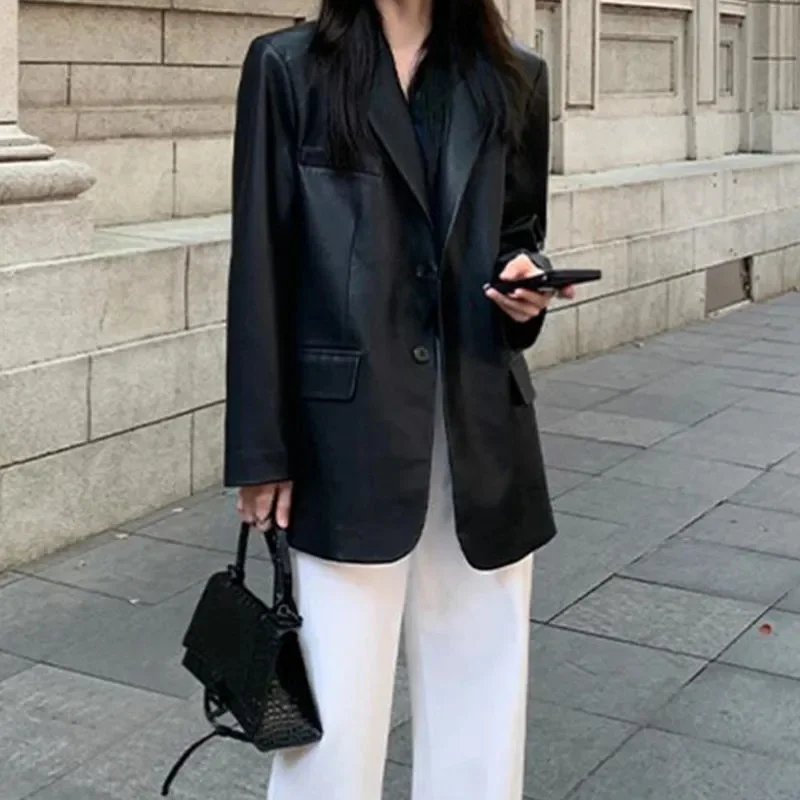 Frühling Herbst Dame Langarm Anzug Leder Retro Frauen Große Größe 4XL PU Leder Jacke 2025, Femme Hochwertige kunstleder Top