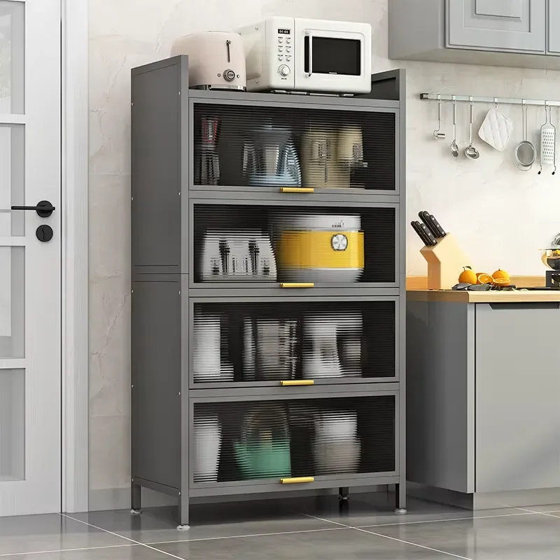 Floor-standing Multi-layer Metal Shelf Dust-proof Multifunctional Storage Cabinet with Flip Door in Kitchen