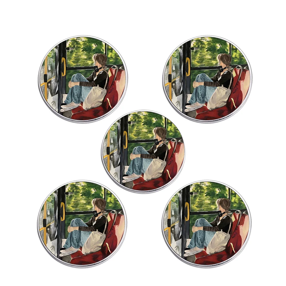 5pcs Lonely Girl on The Bus Oil Painting Button Brooch Aesthetic Lofi Art Round Badge Pins for Backpack Clothes Decoration Gift