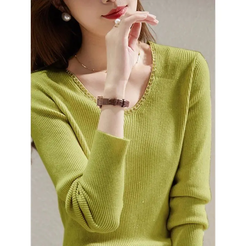 Women\'s Clothing Spring Autumn Solid Color Pullover Long Sleeve Round Neck Screw Thread Sweater Knitted Casual Fashion Tops