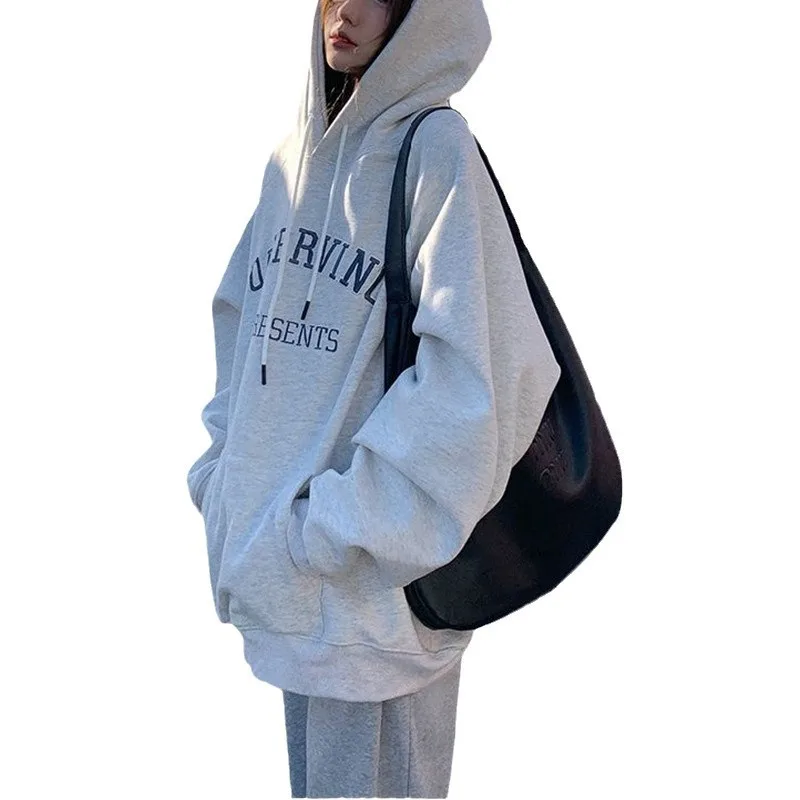 New product fleece thickened hooded sweater couple wear bf wind loose long sleeve large size coat top