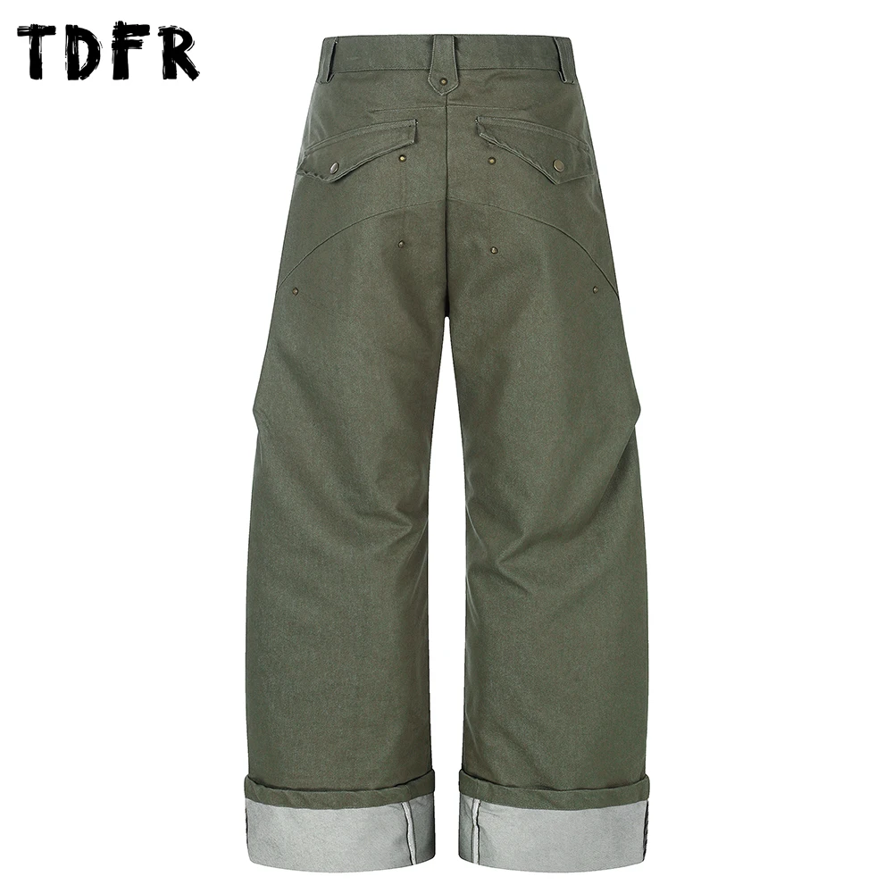 Patchwork Pocket Scimitar Pants Mens with Rivets Spliced Retro Cargo Baggy Wide Leg Casual Banana Trousers Man