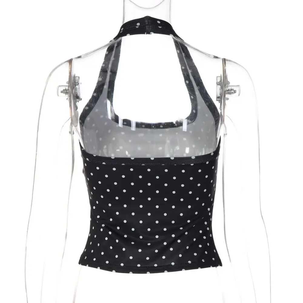 Polka Dot Print Crop Tank Top Hanging Neck Square Collar Backless Crop Top Solid Color Slim Fit Halter Crop Top Summer Wear