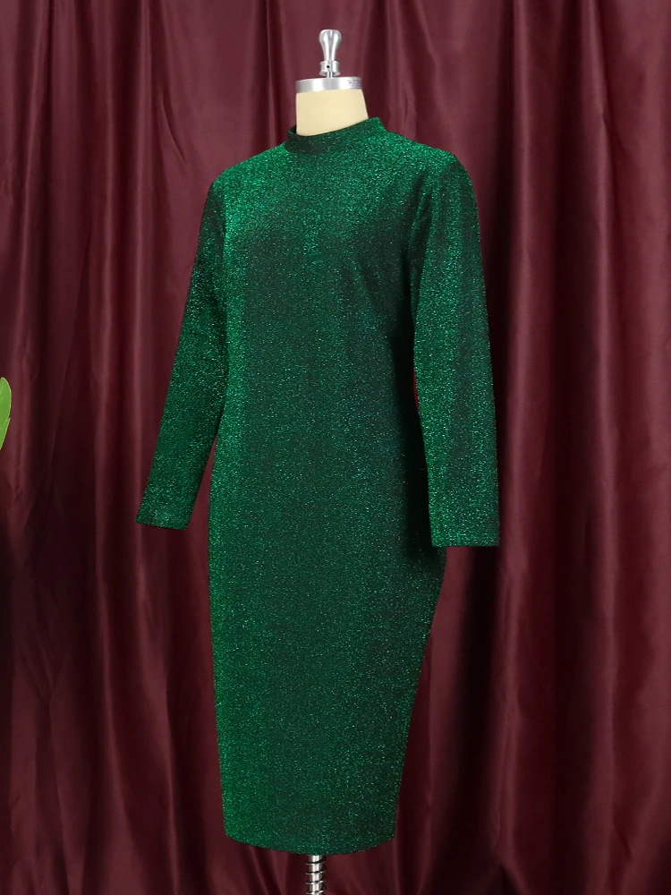 Turtleneck Plus Size Dresses 4XL Women Long Sleeves Sexy Bodycon Sequins Green Blue Christmas Evening Party 2023 Winter Robes