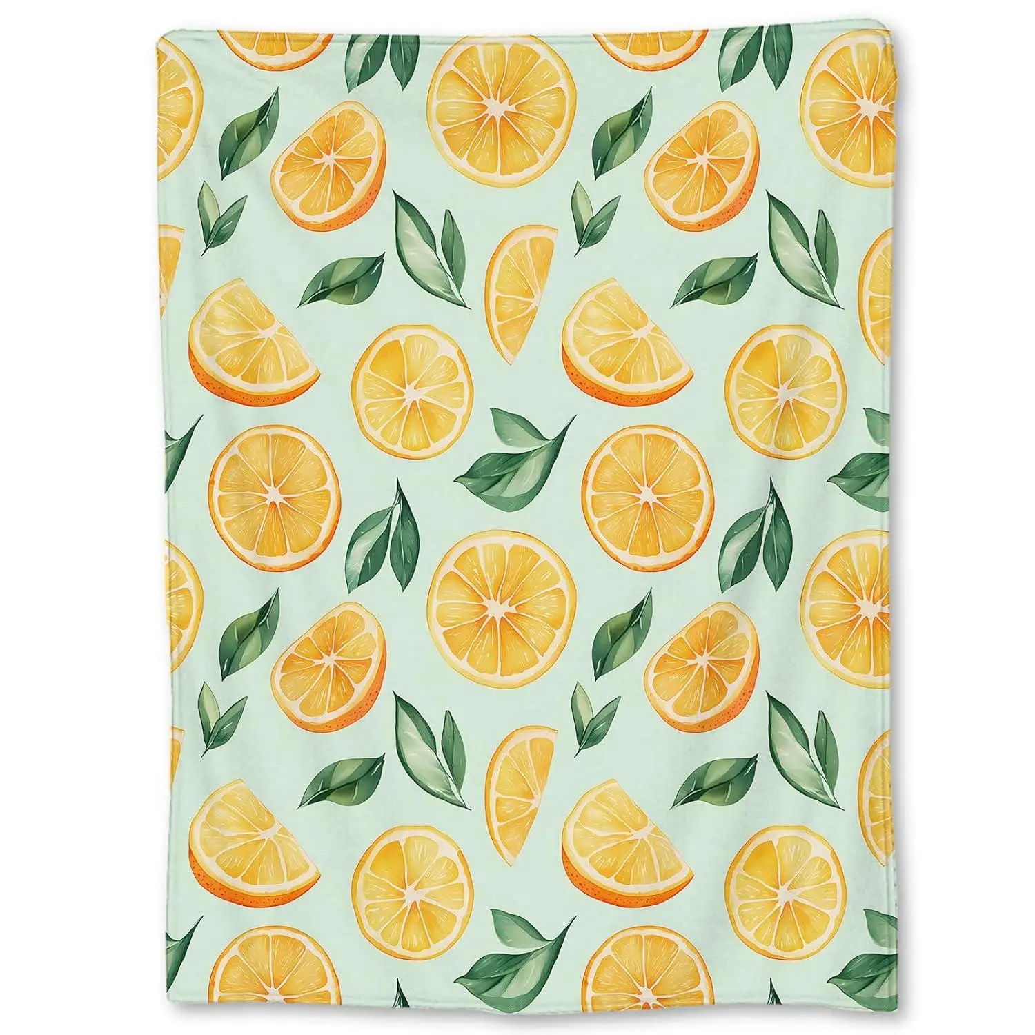1pc Lemon slice and leaf pattern blanket, polyester fabric, machine washable, suitable for sofas, beds, and travel.