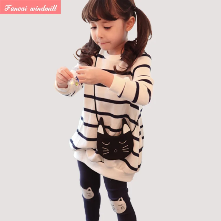 

Children Clothing Sets Girls Spring Autumn Striped Long Sleeve With Bag T-shirt +Pant 2Pcs Baby Girl Cotton Cartoon Suits 3-9 Y