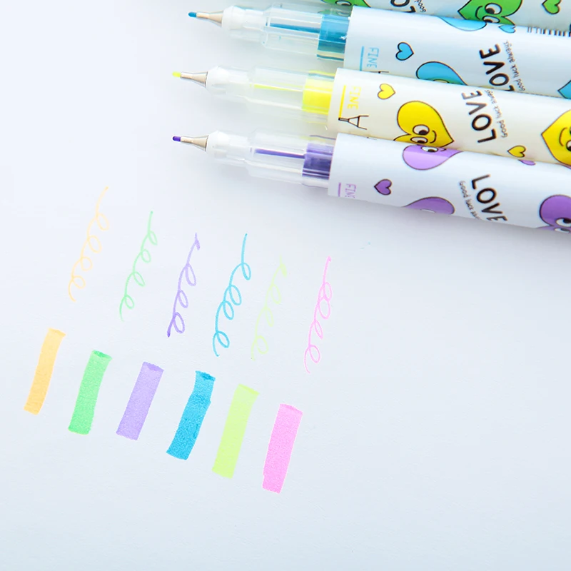 6 قطع/مجموعة أقلام تحديد ملونة برأس مزدوج، مستلزمات مكتبية للمدرسة #2