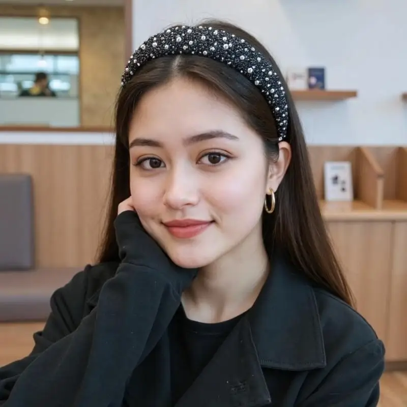 

652F Women Glittering Rhinestones Headband Pearls Studded Hairband for Bridal Wedding and Everyday Use Fashion Accessories
