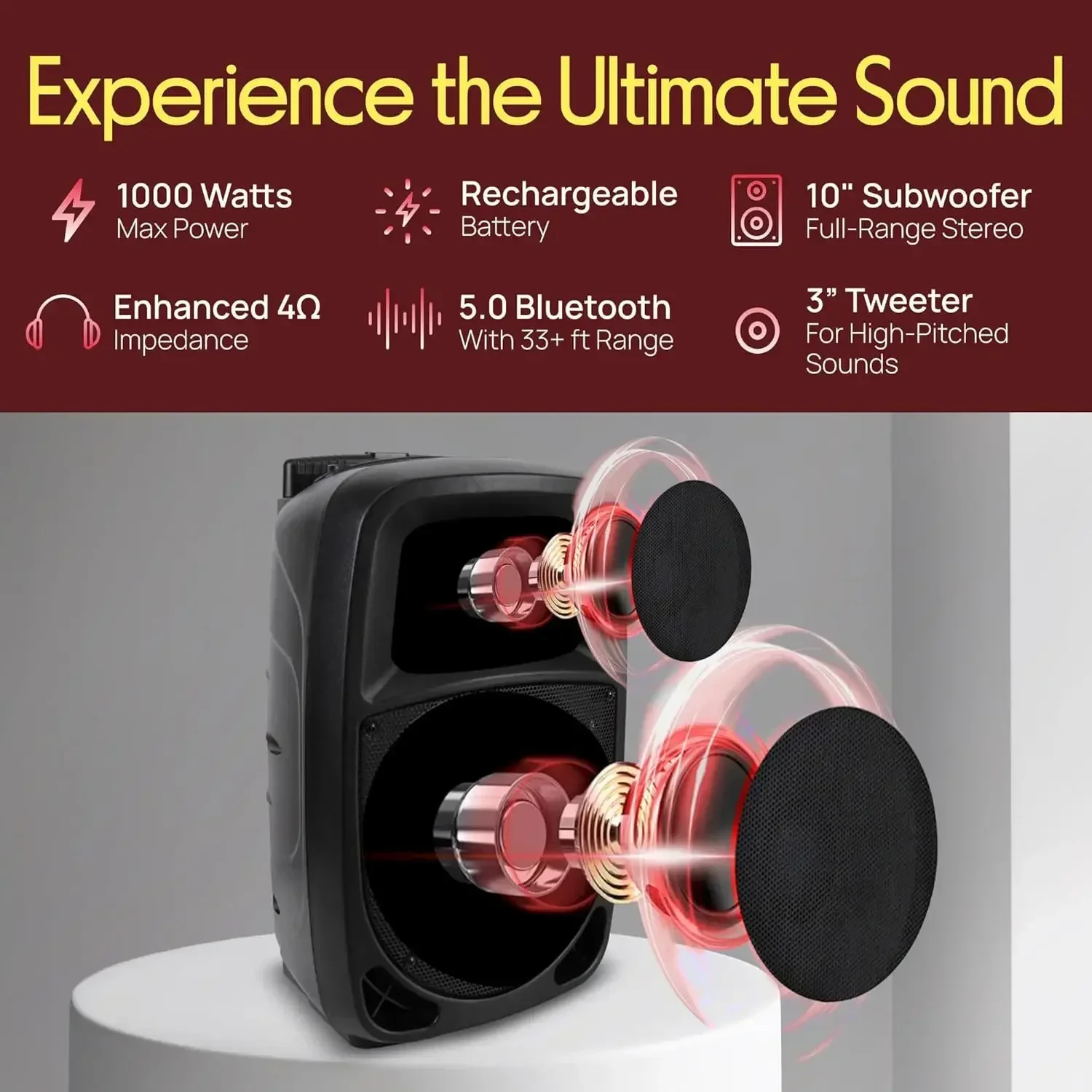 PSBT105A - 1000W Portable Bluetooth PA Speaker, 10'' Subwoofer, UHF Wireless Mic, MP3/USB/SD, Rechargeable Battery, LED Battery