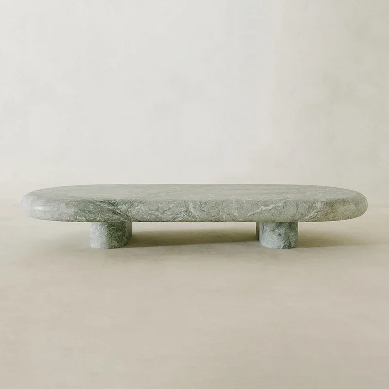 #Dream Home Nordic Modern Green Marble Coffee Table Elegant Oval Solid Stone Top Minimalist Low Profile Living Room Center Table