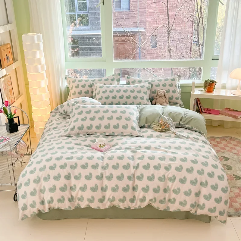 Green Heart Pattern 100% Cotton Bedding Set Fashion Skin Friendly Floral Duvet Cover Set Queen King Size Single Double Bed Set