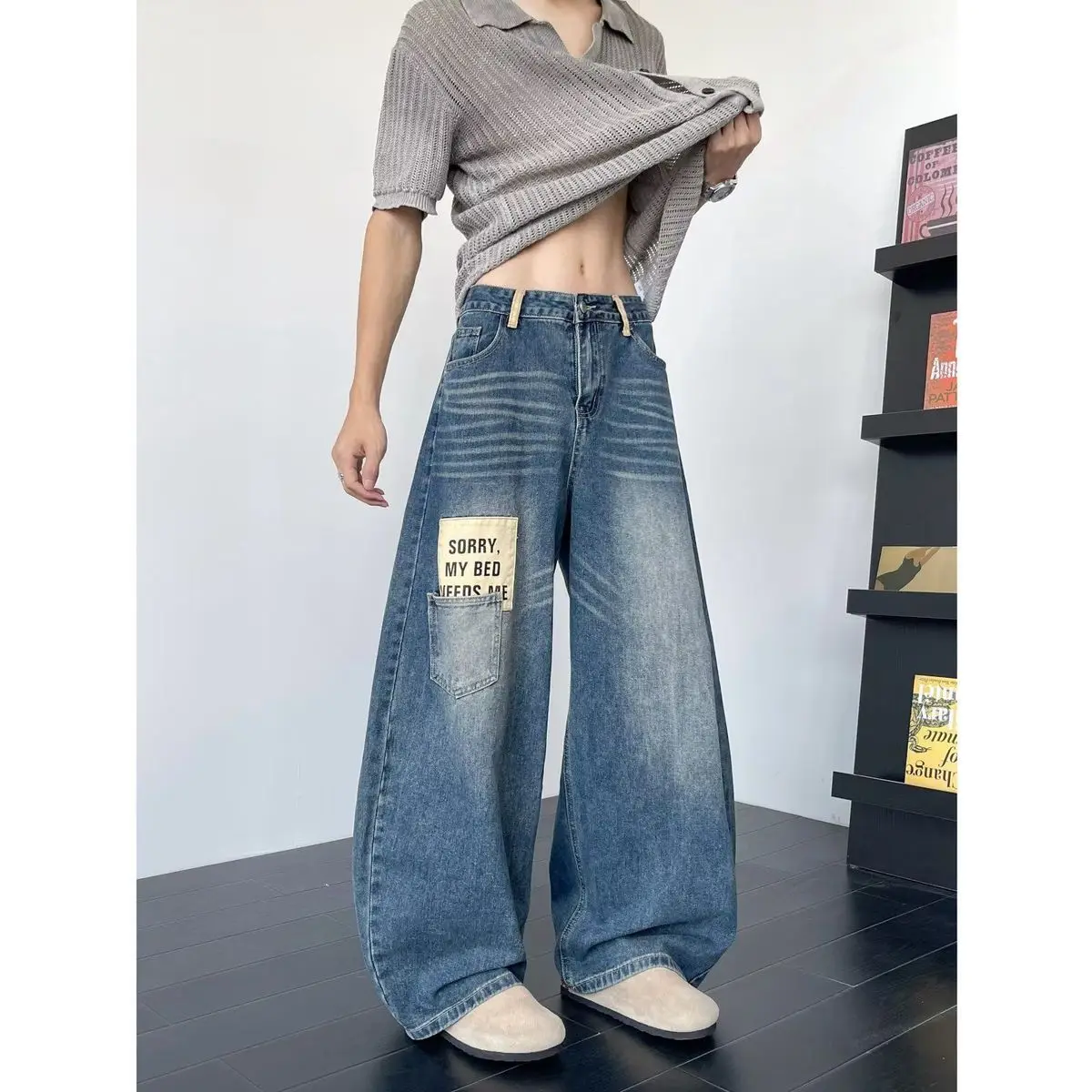 Men's Fashion Street Blue Jeans Casual Wide Legs Sweatpants Cool Boy Summer Bottom Male High Waist Unisex Baggy Y2k Trousers