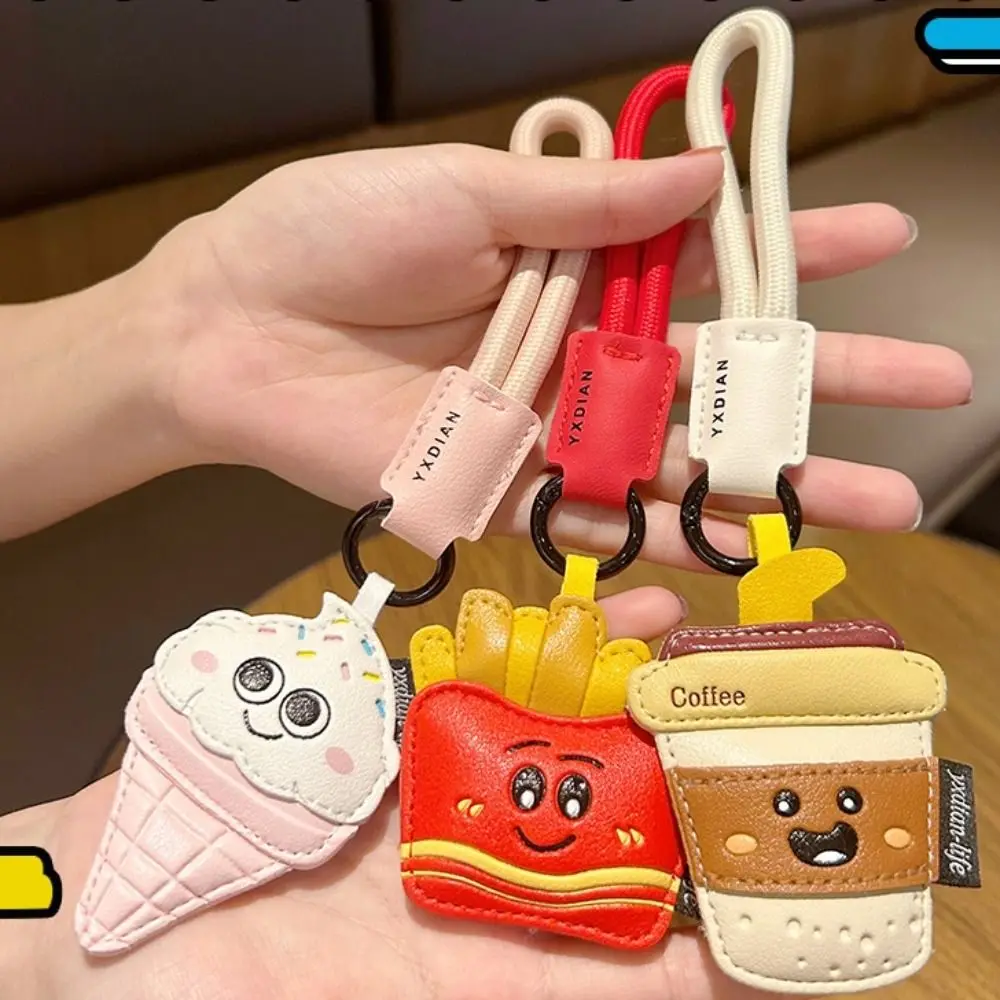 Cute Funny Coffee Cup Shape Keychain French Fries PU Leather Ice Cream Pendant Bag Hanging Charm Cartoon Car Key Ring Gift