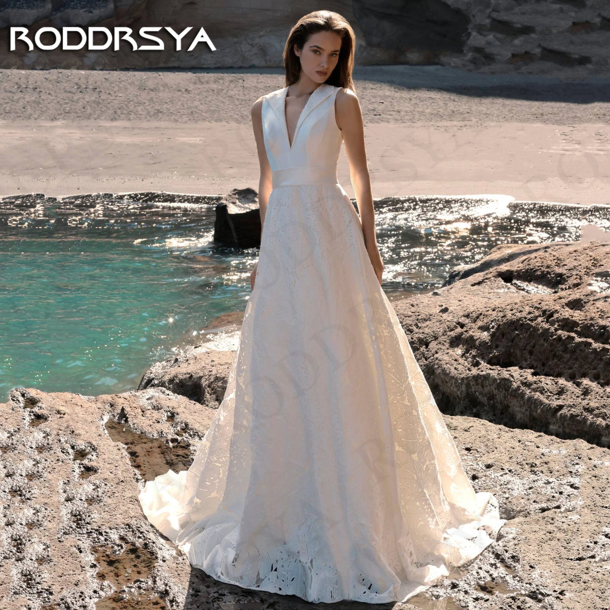 RODDRSYA-vestido de Novia de encaje Vintage para mujer, traje bohemio elegante sin mangas de una línea, vestido de novia con cuello en V, Espalda descubierta, tren de barrido Vintage Vestido de novia de encaje  Boho Ch