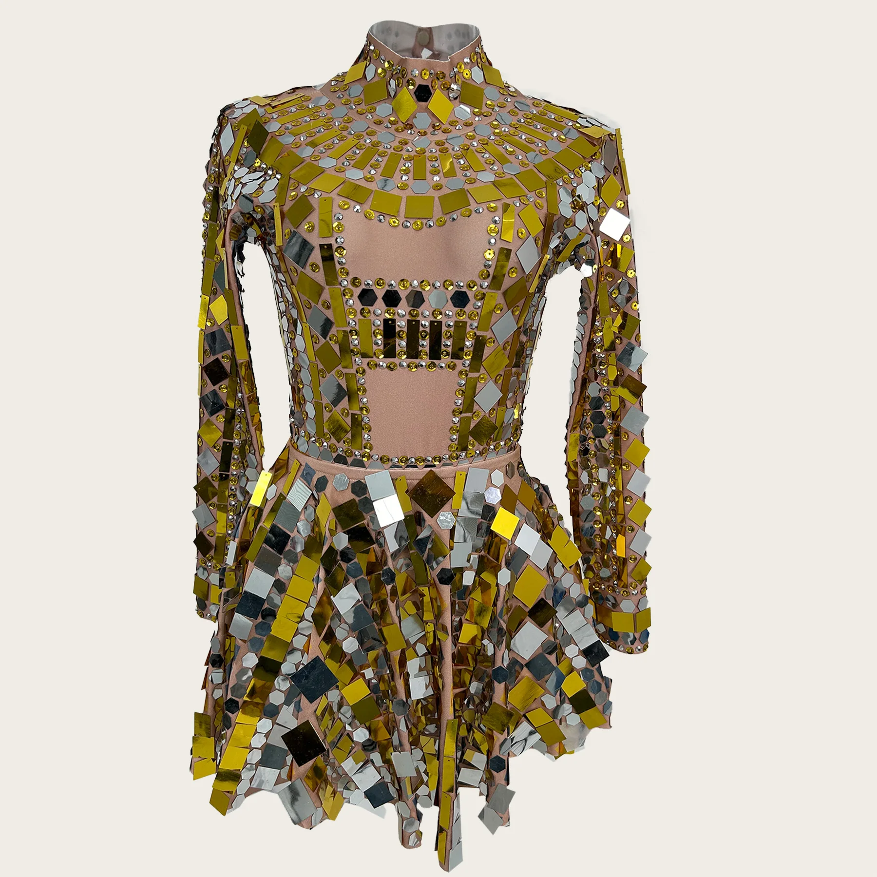 

Spandex Elastic High Neck 2Piece Set Long Sleeve Gold Silver Mirror Sequin Pleated Dress Stage Performance Costume Fangjinqi