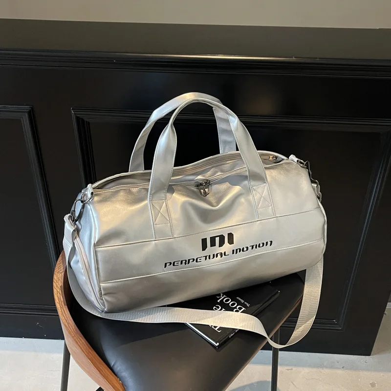 Large Gym Duffle Bag with Wet Dry Separate Compartment, Soft PU Leather Travel Tote, Stylish Crossbody Carry-on Luggage