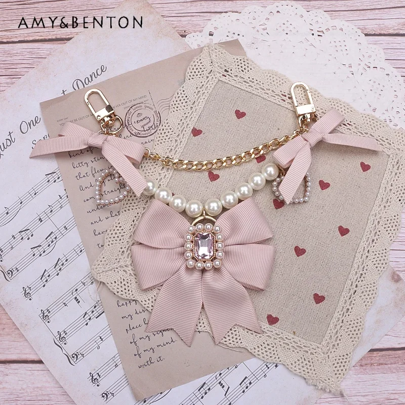 

Handmade Japanese Mine Sweet Cute Stringed Pearls Bow Rhinestone Chain Bag Accessories All Match Sweet Lolita Hair Accessories