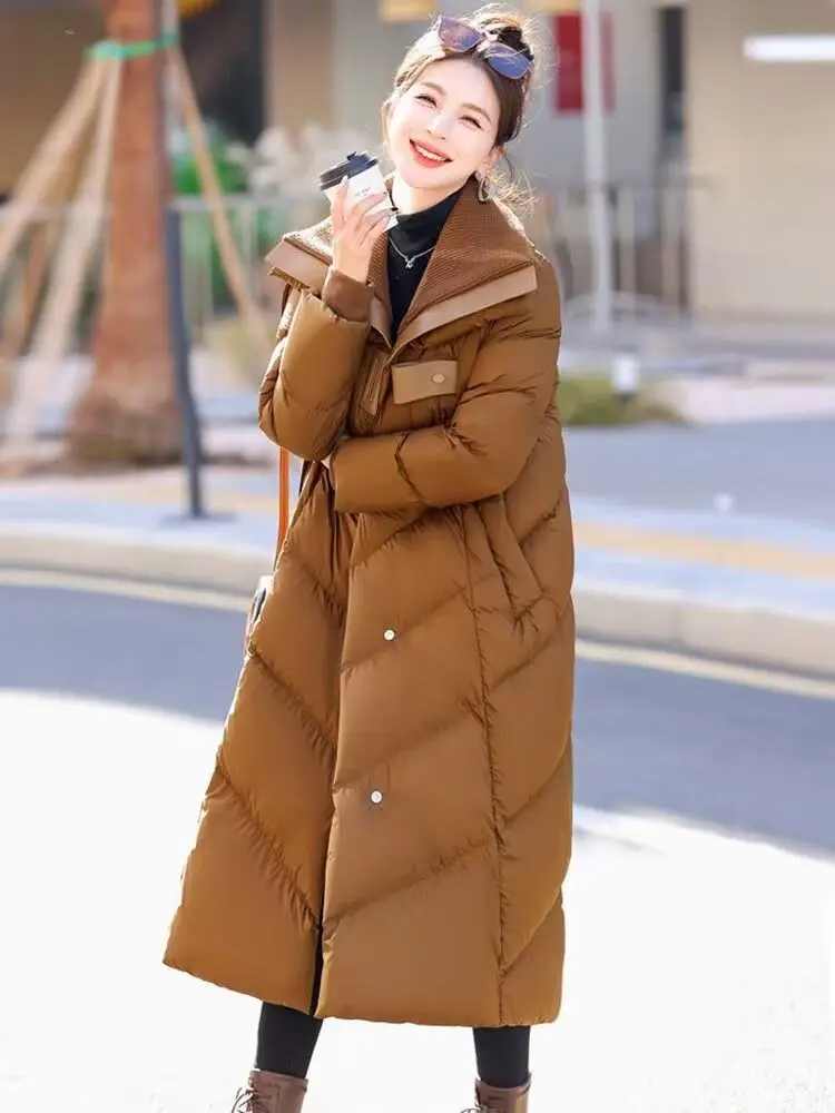 Temperament Grote reverskraag Witte eendendons Donsjack Dames Winter Nieuwe gebreide splitsen Over de knielengte Dikke jas