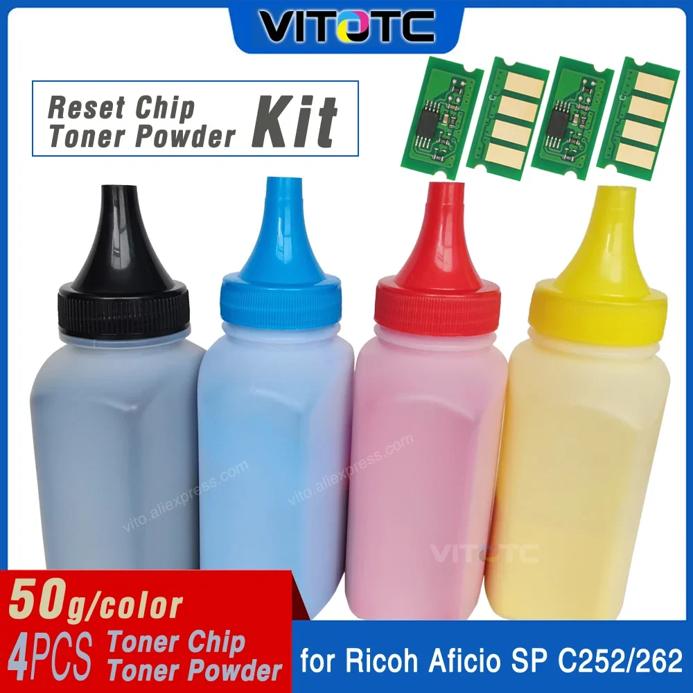 

Набор для заправки: 4 шт. тонер-порошка и 4 шт. чипов для тонера, совместимые с принтерами Ricoh SPC260, SPC261, SPC261sfnw, SPC261dnw, 50 г/шт.