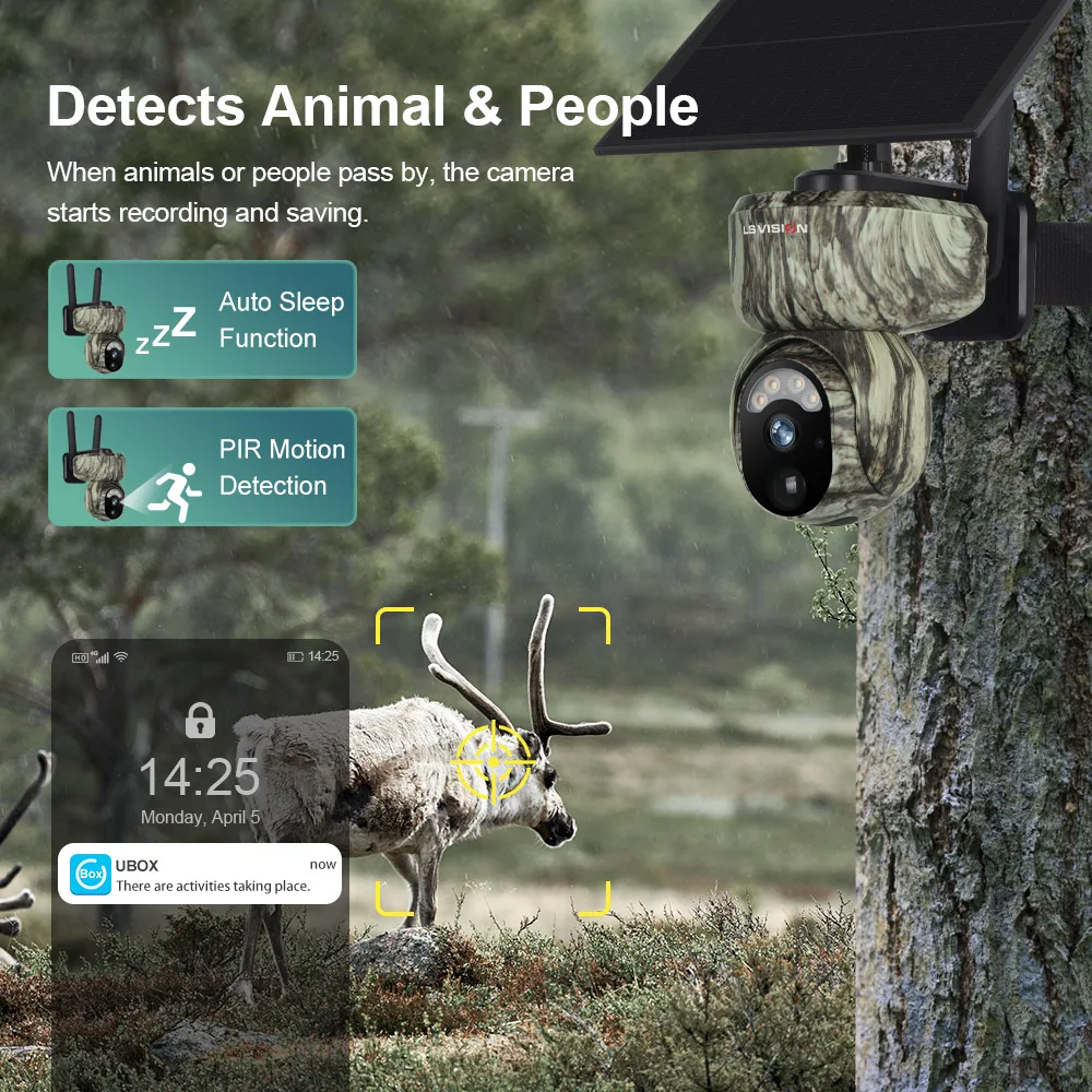 LS VISION 2K WIFI Solar Security Cameras Wireless Outdoor 360° Live View Animal Monitoring Camouflage Color Battery PTZ Cam