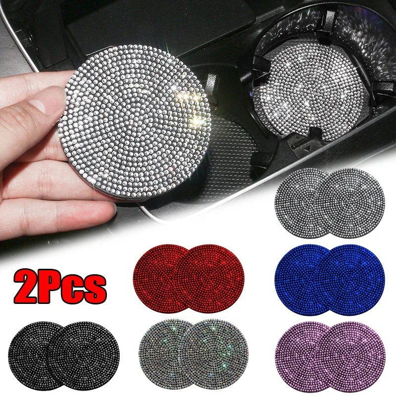 2Pcs Diamond Car Coaster Water Cup Slot Non-Slip Mat Bling Gadget Silica Pad Cup Holder Mat Auto Interior Decoration Accessories