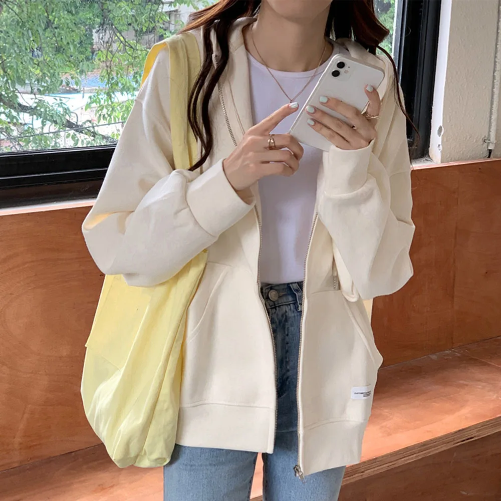 

Women's Trendy Korean Edition Cardigan Short Coat Spring Autumn Thin Versatile Loose Lazy Zipper Style Hooded Solid Color Jacket