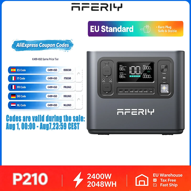 AFERIY P210 Energiespeicher-Stromversorgung 2400W (Spitze 4800W) 2024Wh Lithium Elektronische Mobile Stromversorgung, Umweltfreundliche und Energiesparende Tragbare Batterie mit 7 Jahren Garantie für