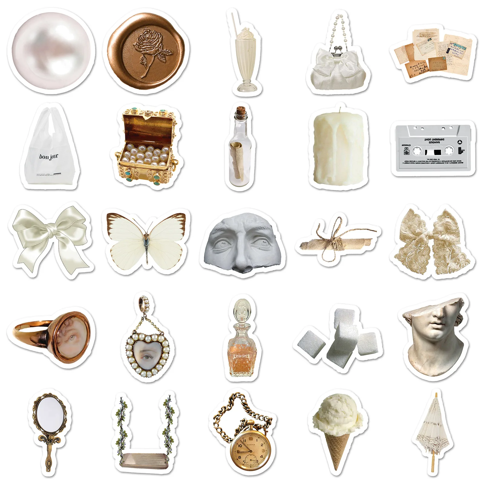 50Pcs White Instagram-style Doodle Stickers - Pastel Aesthetic Guka/Journal/Milk Tea Cup/Luggage Decor - Waterproof