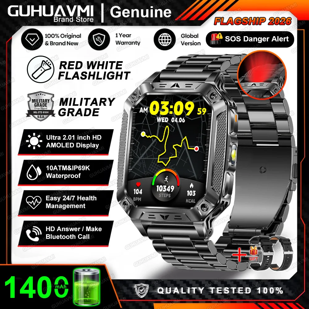 2026 Nieuwe Ingebouwde 1400mAh Supergrote Batterij Heren Smartwatch Outdoor GPS 2.01" AMOLED Scherm 10ATM Waterdicht BT Oproep Smartwatch
