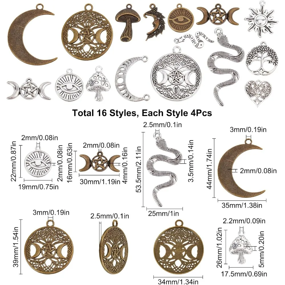 1 Box 64Pcs Tarot Style Moon Phase Charms Tree of Life Charm Triple Goddess Moon Snake Sun Mushroom Ouijas Round Metal kit