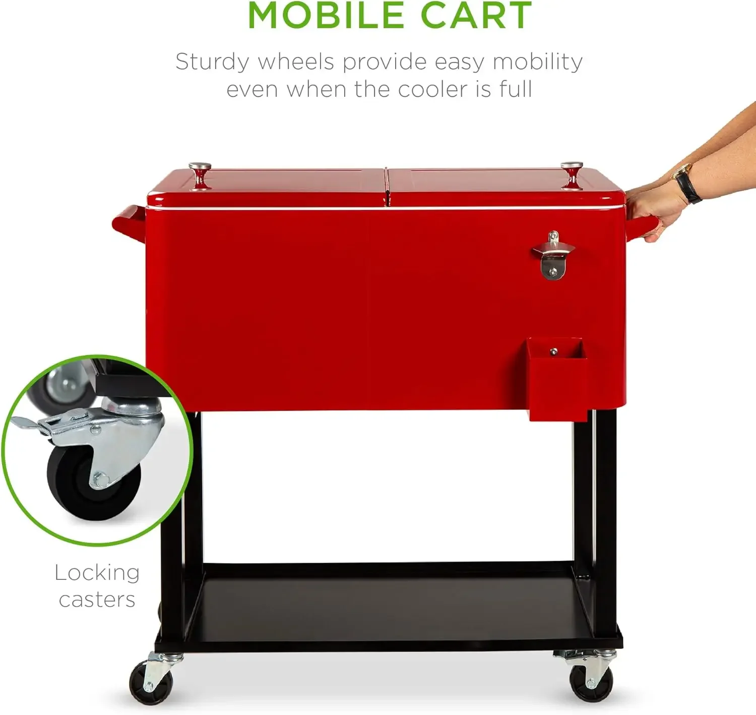 80-Quart Outdoor Steel Rolling Cooler Cart for Cookouts, Tailgating, BBQ Cart with Ice Chest, Bottle Opener, Catch Tray