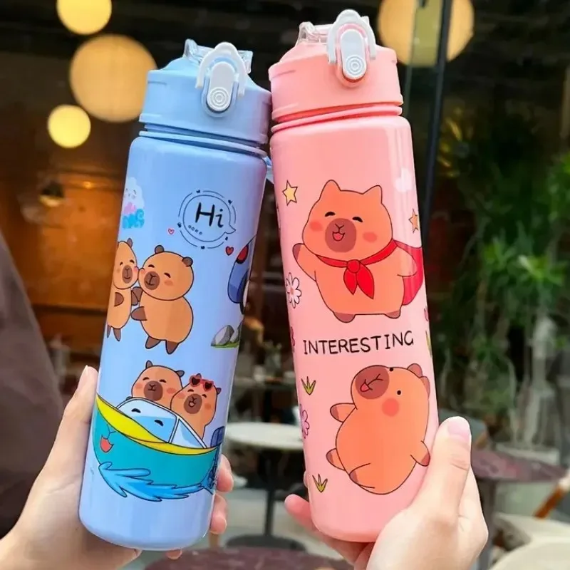 

1/2/4PCS Cute Capybara Straw Cup Cartoon Water Bottle with Rope for Kids Students School Portable Drinking Tumbler