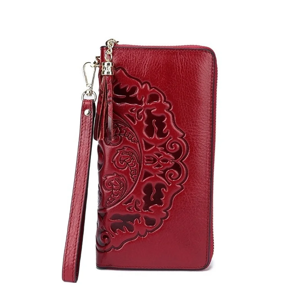 Cartera de piel auténtica 100% para mujer, cartera larga de gran capacidad con cera de aceite, lujosa, con flores, novedad de 2023