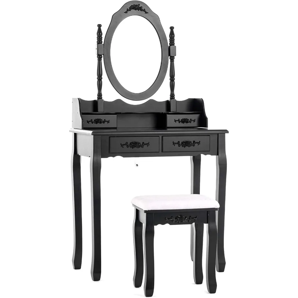 

Vanity Table,Makeup Dressing Table with Oval Mirror,Bedroom Vanity Set w/Cushioned Stool