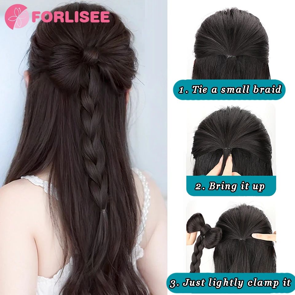 FORLISEE Synthetic Bow Tie Half-tied High Ponytail Wig Braid Claw Clip Hair Bun Head Wig Twist Braid Ponytail