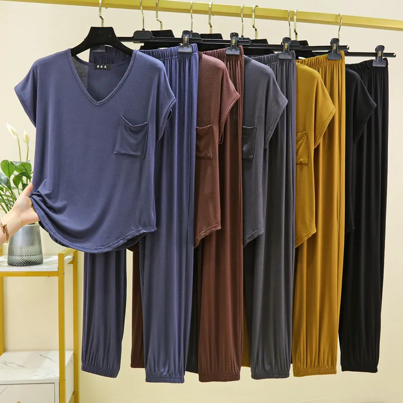 Women's Modal Home Clothes Set Summer Thin Loose plus Size Short Sleeve Long Pants Can Be Worn outside Soft Versatile Two-Pie...